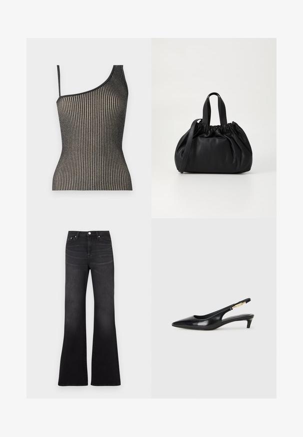 Ühe õla top musta ja kuldse ribakujundusega, millel on õhukesed sangad, sobituv vorm ja kerge sära.; Mustad lõhkuvad teksad teksakangast, kõrge vöökohaga, viie taskuga ja kergelt hägunev jalamiste ääres.; Mustad nahast slingback kontsad terava ninaga, millel on õhuke konts ja kuldse tooni aktsent reguleeritaval rihmal. Sile tekstuur.; Mustmust mustkott mustrihmaga ülaosa disainiga, millel on kaks lühikest käepidet ja pikk reguleeritav rihm. Sile tekstuur, ümar kuju.