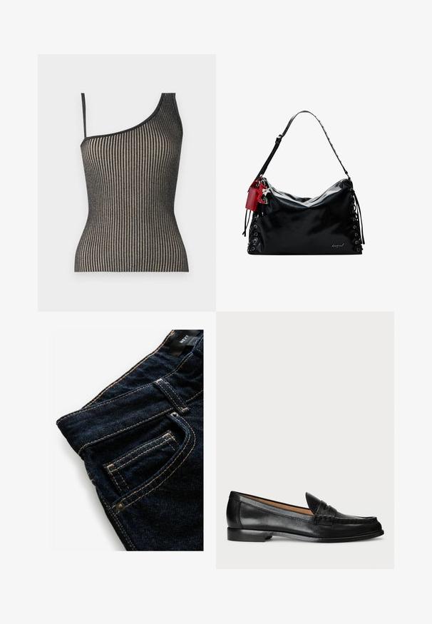 Fekete és arany csíkos, egyszámos vállú felső vékony pántokkal, amely formázott fazonú és finoman fénylik.; Sötétkék farmernadrág, kontrasztos narancssárga varrással, elülső zsebbel, szegecseléssel és sima felülettel.; Lauren Ralph Lauren WYNNIE - Belebújós cipők - black; Fekete bőr kézitáska, laza dizájnnal, fűzős részletekkel az oldalán és egy piros kiegészítő címkével. Hosszú, állítható pánttal rendelkezik.