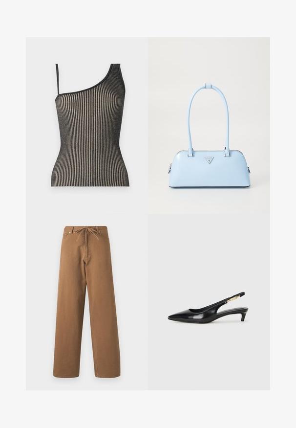 Top asimétrico con diseño de canalé en negro y dorado, con tirantes finos, que presenta una forma ajustada y un brillo sutil.; Pantalones de pierna ancha marrones hechos de algodón, con una cintura ajustable con cordón y dos bolsillos frontales. Tejido texturizado con un acabado suave.; Tacones negros de piel sintética tipo slingback con punta afilada, que cuentan con un tacón delgado y un detalle en tono dorado en la correa ajustable. Textura suave.; Bolso de mano azul claro con una forma estructurada, material de piel suave, dos asas y un logo de marca triangular en la parte delantera. Cierre con cremallera.