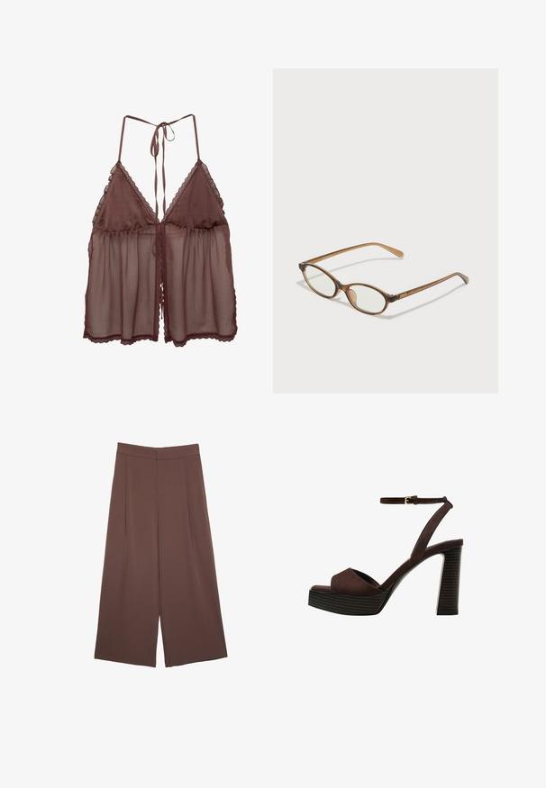 Braune transparente Unterwäsche mit lockerer Passform, dreieckigen Cups und verstellbaren Bindebändchen. Verziert mit zartem Spitzenbesatz entlang der Kanten und dem Saum.; Braune Weite-Leg-Hosen mit einer glatten Textur, hoher Taille und Vorderfalten. Der Stoff ist leicht und fällt locker.; Braune Wildleder-Pumps mit offenem Zeh, verstellbarem Knöchelriemen und gestreiftem Plateausohlen.; Braune Schildpatt-Brille mit ovalen Gläsern, dünnen Bügeln und transparenten Akzenten. Verfügt über ein dezentes Logo am Bügel. Elegantes, leichtes Design.