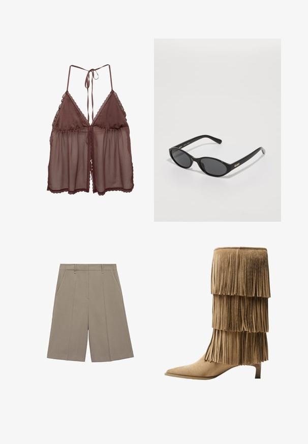 Lingerie trasparente marrone con vestibilità ampia, coppe a triangolo e spalline regolabili con lacci. Presenta un delicato bordo in pizzo lungo i bordi e l'orlo.; Pantaloni corti plissettati beige con taglio dritto, dotati di passanti per cintura e tasche laterali. Realizzati in tessuto liscio e leggero.; Stivale alla caviglia in suede color ocra con tre strati di frange. Punta affusolata e tacco basso a blocco. Texture liscia su tutta la superficie.; Occhiali da sole neri con lenti tonde, montatura in plastica lucida e logo "QUAY" in oro sul lato. Presentano lenti scure.