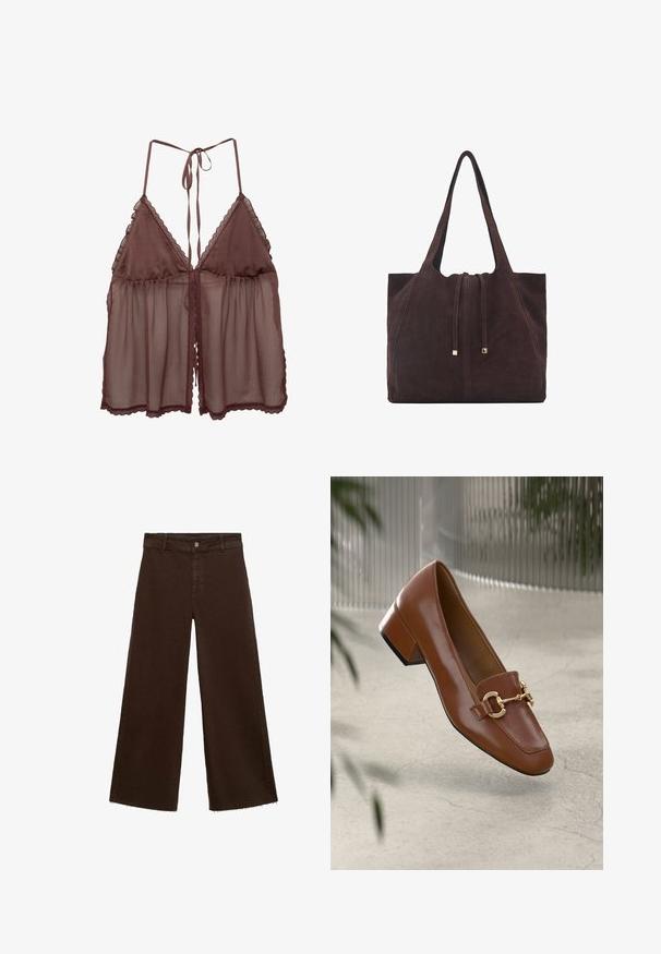 Hnedé priesvitné prádlo s voľným strihom, trojuholníkovými košíčkami a nastaviteľnými viazacími ramienkami. Obsahuje jemnú čipkovanú obrubu pozdĺž okrajov a lemu.; Hnedé široké nohavice z bavlnenej zmesi, s roztrhnutým lemom, predným zapínaním na gombík a klasickým dizajnom s piatimi vreckami. Minimalistické a všestranné.; Hnedé lakované kožené loafers s hranatou špičkou, kovovým reťazovým akcentom a nízkym blokovým podpätkom; hladká textúra, minimalistický dizajn.; Mango Veľká kabelka - dark brown