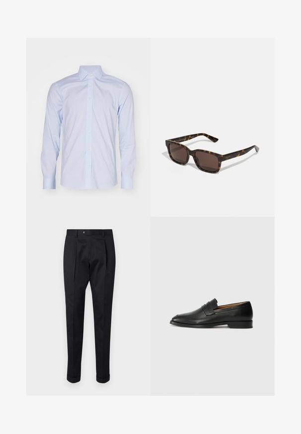 Tiger of Sweden ADLEY - Camisa elegante - pale blue; Pantalones negros de tejido suave, con un pliegue en la parte delantera, cierre de botón y puños enrollados en el tobillo.; Mocasín de cuero negro con punta redonda, detalles de costura sutil y un tacón bajo, que presenta una textura suave y un diseño minimalista.; Gafas de sol Gucci con montura cuadrada de plástico de carey y lentes marrones. Presenta un sutil logo en las varillas.