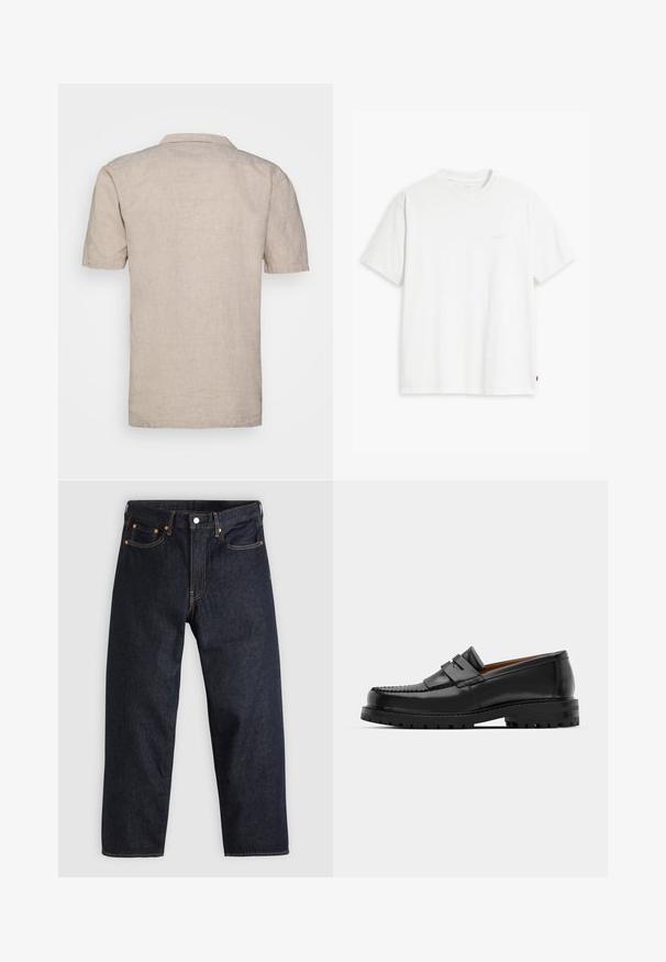 Ljusbeige kortärmad linneskjorta med krage, featuring en strukturerad tyg och rak fåll, utan synliga mönster eller detaljer.; Vit bomulls-t-shirt med korta ärmar, rund halsringning och en diskret "Levi's"-logotyp tryckt i ljus färg på framsidan.; Mörkblå denimjeans med rak passform, fem fickor, kontrasterande orange sömmar och knappgylf. Inga synliga mönster eller dekorationer.; Svarta läderloafers har en upphöjd söm, två dekorativa remmar på ovansidan och en tjock texturerad sula för ökat grepp.