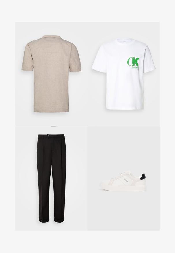 Rövid ujjú bézs vászon ing, gallérral, mely texturált anyagból készült, egyenes alsó szegéllyel, látható minták vagy díszítések nélkül.; Fehér pamut póló, bal mellkasán zöld CK logóval. Klasszikus, kerek nyakú, rövid ujjú és egyenes hem kialakítással.; Fekete nadrág sima textúrával, egyenes szabással, két elülső zsebbel és egy gombbal zárható derékkal.; Fehér sportcipők világos rózsaszín és fekete részletekkel, sima bőrből és velúrból készült panelek, kerek orr és lapos gumitalp.