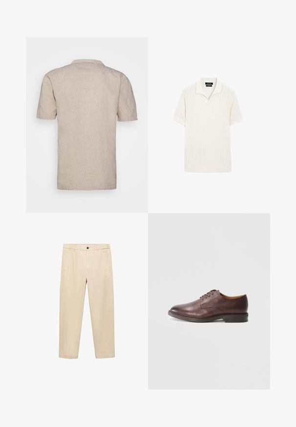 Beżowa lniana koszula z krótkim rękawem i kołnierzykiem, charakteryzująca się teksturowanym materiałem i prostym dołem, bez widocznych wzorów ani akcentów.; Koszulka polo z krótkim rękawem w kolorze kremowym, o ryżowym splocie i płaskim kołnierzyku. Posiada prosty dół oraz miękki materiał dla wygody.; Beżowe, casualowe spodnie wykonane z miękkiego materiału; mają elastyczny pas, kieszenie z przodu i prostą nogawkę.; Brązowe skórzane buty męskie do garnituru z wzorowanym wykończeniem i słupkowym obcasem na białym tle.