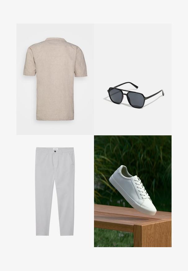 Camisa de linho bege de mangas curtas com colarinho, apresentando um tecido texturizado e bainha reta, sem padrões ou detalhes visíveis.; Calças cinza claro feitas de um tecido macio, com um corte slim, dois bolsos frontais, fecho com botão e um detalhe de textura subtil.; Sapatilha branca com atacadores suspensa acima de um banco de madeira, com folhagem verde ao fundo, destacando o design e a textura do calçado.; Óculos de sol pretos com armação octogonal, lentes escuras, acabamento brilhante, hastes finas e detalhes em dourado na parte frontal.