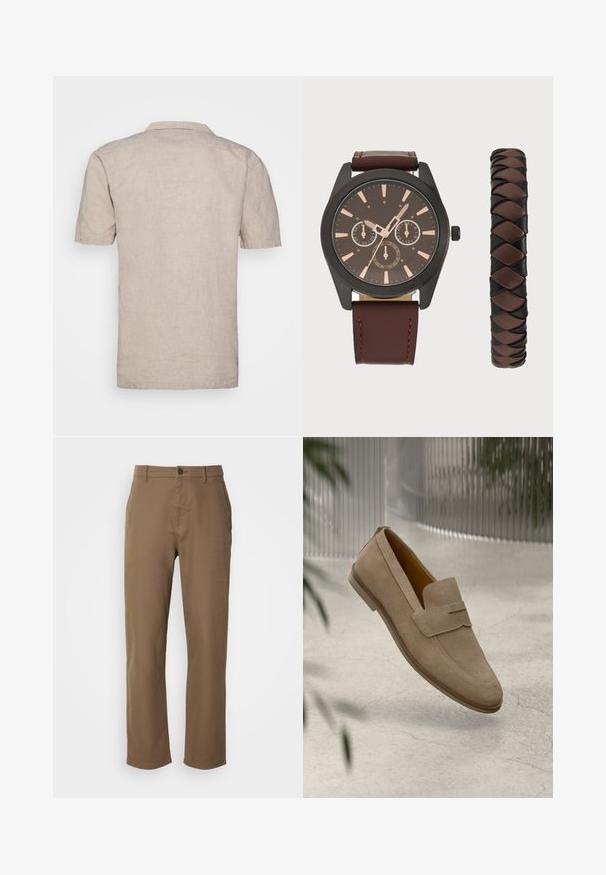 Beige Leinenhemd mit kurzen Ärmeln und Kragen, aus strukturiertem Stoff mit geradem Saum, ohne sichtbare Muster oder Akzente.; Braune Baumwollhosen mit geradem Schnitt, Knopfverschluss und Seiten Taschen. Sie verfügen über eine glatte Textur und ein schlichtes, unverziertes Design.; Beige Wildleder Slipper im Mokassinstil, mit einem dekorativen Riemen und gesteppten Details, die auf einer strukturierten Oberfläche liegen.; Pier One SET - Uhr - black/brown