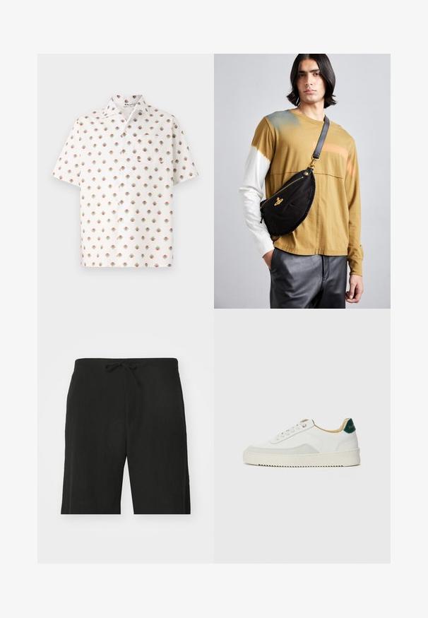 Korte-mouwen overhemd van witte stof, met een herhaald bloemmotief in blauw, rood en goud, voorzien van een borstzak aan de linkerzijde en een knoopsluiting.; Zwarte linnen shorts met een drawstring taille, met een relaxte pasvorm en een knielengte ontwerp. Gladde textuur, simple en klassieke stijl.; Witte sneaker met suède accenten, ronde neus, platte veters en een crème rubberen zool. Bevat groene branding op de hiel.; Vivienne Westwood CITY BUMBAG UNISEX - Heuptas - black