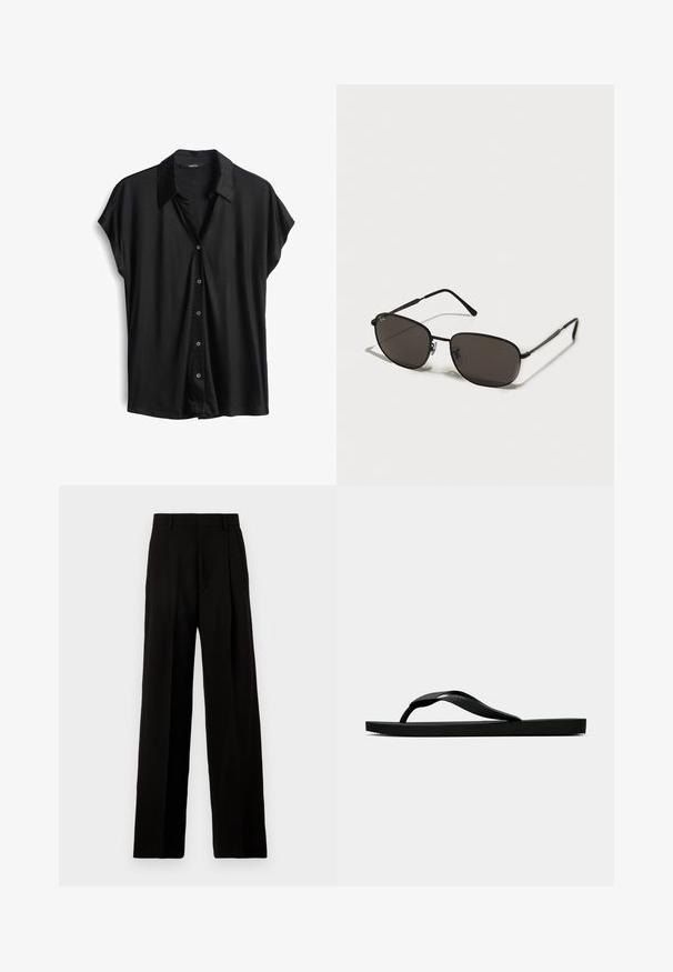 Zwarte korte mouwen knoopshirt met een kraag, gemaakt van gladde stof met een relaxte pasvorm en subtiele glans. Vijf knoopsluitingen.; Zwarte wijde broek van gladde stof, met een hoge taille, plooien aan de voorkant en een schone, op maat gemaakte uitstraling zonder versieringen.; Zwarte rubberen flip-flop sandaal met een getextureerde strap en een eenvoudige platte zool, zijaanzicht op een effen lichte achtergrond.; Zwarte metalen zonnebril met ovale monturen, donkere lenzen, slanke tempels en een subtiel logo op de linkerlens. Elegant, minimalistisch ontwerp.; Zwarte leren handtas met een gestructureerde rechthoekige vorm. Voorzien van een gouden ovale sluiting en een dunne schouderband. Glad van textuur.