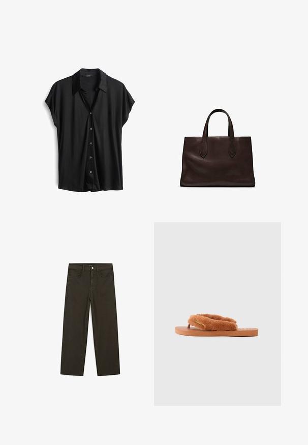 Black short-sleeve button-up shirt with a collar, made of smooth fabric featuring a relaxed fit and subtle sheen. Five button closures.; Dark green wide-leg jeans made of cotton blend, featuring a front button closure, five pockets, and classic denim stitching.; Brown fluffy flip-flop with wide straps and textured footbed. Features a gold logo accent. Sole is flat and made of rubber.; Brown leather tote bag with two elongated handles, structured rectangular shape, smooth texture, and subtle stitching details.