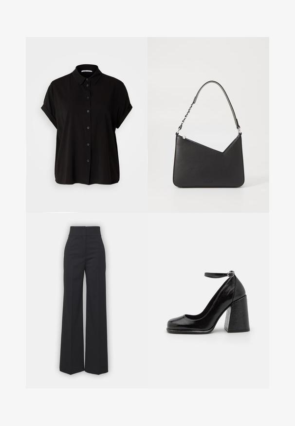 Black short-sleeve shirt featuring a button-up front, collar, and rolled cuffs. Made of smooth fabric with a relaxed fit.; Wide-leg trousers in black fabric with a high waistband, featuring a clean finish and smooth texture. No visible hardware or patterns.; HUGO KIORA - High heels - black; Black leather handbag with a triangular shape, a slim strap, and silver hardware. Features a zip closure and embossed logo on the front.