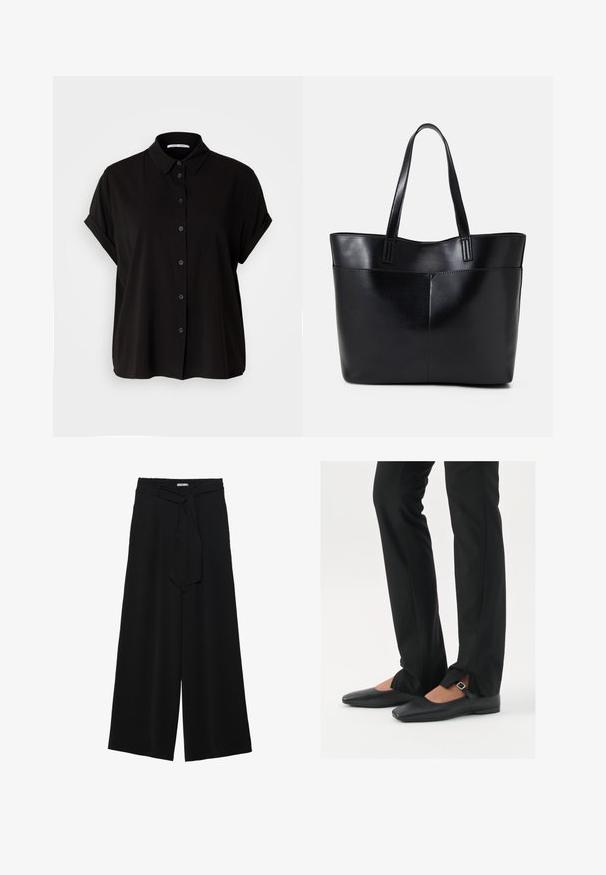 Crna majica kratkih rukava s dugmadi sprijeda, ovratnikom i preklopljenim manžetama. Izrađena od glatkog materijala s opuštenim krojem.; Crne široke hlače od teksturirane tkanine, s elastičnom pojasom i odvojivim remenom na struku za prilagodivo pristajanje.; Crne kožne balerinke s uskim vrhom, trakica sa srebrnom kopčom, u kombinaciji s crnim krojenim hlačama s otvorenim rubom.; Crna kožna torba s dugim ručkama, glatkom teksturom i strukturiranim oblikom. Ima prednju džep za dodatno pohranu.