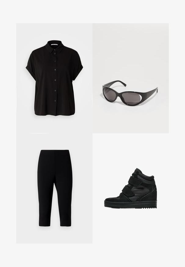 Černá košile s krátkým rukávem, která má zapínání na knoflíky, límec a ohrnuté manžety. Vyrobena z hladkého materiálu s volným střihem.; Černé capri kalhoty vyrobené z elastické látky, s přiléhavým střihem, který končí těsně pod kolenem, s hladkou texturou a bez viditelných švů.; Černé vysoké tenisky vyrobené z semiše a síťoviny, s suchými zipy, hladkým povrchem a texturovanou gumovou podrážkou pro lepší přilnavost.; Černé sluneční brýle s oválnými čočkami a elegantním designem. Rám je lesklý a široký, s výřezem po stranách.; Černá kožená kabelka s pletenými rukojetmi, kapsou na zip a visícími třásněmi. Texturovaný povrch s kovovými hroty a kovovými akcenty.