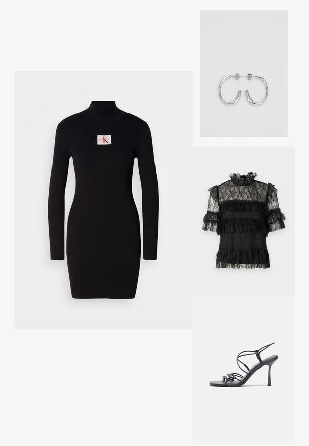 Juoda nėriniuota bliuska su raukiniais trumpomis rankovėmis ir aukštu kaklu. Yra sluoksniuoti raukiniai ir sudėtingas gėlių nėrinių raštas visame audinyje.; Juodas, riešutinis ilgomis rankovėmis su aukštu apykakle ir stačiakampiu Calvin Klein logotipo dėklu priekyje. Paprasta, kūną apglėbianti konstrukcija.; Juodos aukštakulnės sandalai pasižymi plonyčiais dirželiais su mazgo dizainu, lygiu kvadratiniu pirštu ir elegantišku stiletto kulnu.; Šviesiai pilka metalinė rankinė su grandinėlės dirželiu, papuošta mažais apvaliais metaliniais smeigėmis ir trikampiu prekės ženklu.; Sidabrinės auskarai žiedai su lygiu, blizgiu paviršiumi. Suapvalinta forma, lengvas dizainas, su uždarymu ant smeigtuko.