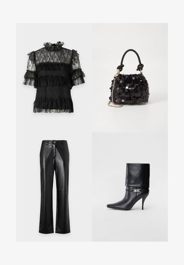 Blusa nera in pizzo con maniche corte a volant e collo alto. Presenta volant sovrapposti e un intricato motivo in pizzo floreale su tutta la superficie.; Pantaloni in pelle nera con design a gamba dritta, dotati di chiusura frontale con bottone, passanti per cintura e una texture liscia e lucida.; Stivale ankle in pelle nera con punta affusolata, alto tacco a stiletto, risvolto sulla caviglia e un elegante dettaglio in oro con fibbia decorativa.; Mini borsa a tracolla nera in paillettes con una tracolla texturizzata annodata e catena argentata. Forma rotonda con parte superiore arricciata e dettagli riflettenti.