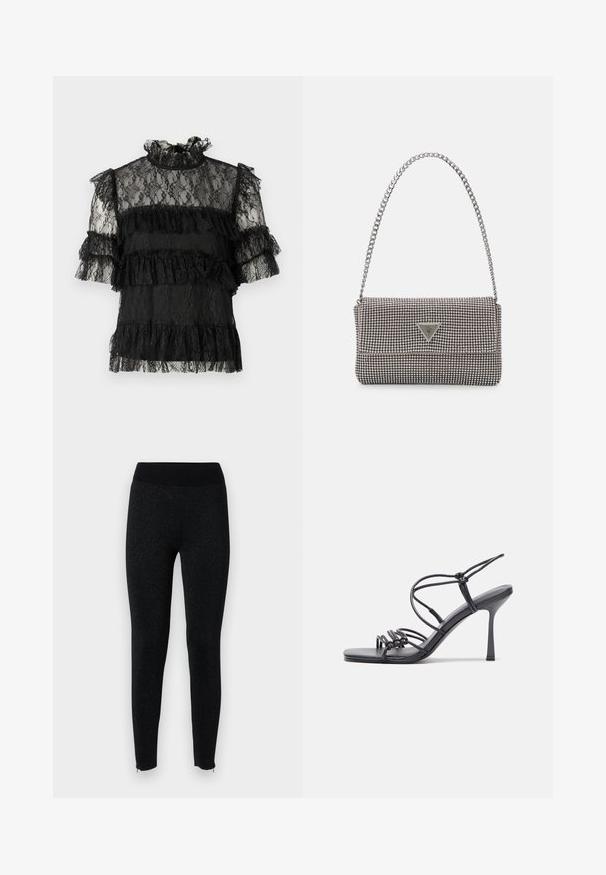 Blusa nera in pizzo con maniche corte a volant e collo alto. Presenta volant sovrapposti e un intricato motivo in pizzo floreale su tutta la superficie.; Leggings neri con cintura a coste, realizzati in tessuto testurizzato con una leggera finitura metallica, dotati di cerniere sui bordi delle caviglie.; Sandali neri con tacco alto presentano sottili cinturini con design annodato, una punta quadrata liscia e un elegante tacco a spillo.; Borsa a mano metallica grigia chiara con tracolla a catena, impreziosita da piccoli chiodi metallici circolari e da un logo triangolare del marchio.