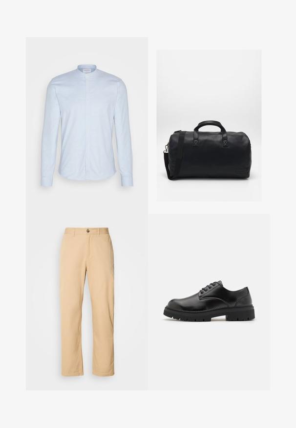 Světlomodrá košile s dlouhým rukávem a mandarínským límcem, která má zapínání na knoflíky a jemnou, texturovanou tkaninu. Přiléhavý střih s zaobleným lemem.; Khaki bavlněné kalhoty s rovnými nohavicemi, vybavené předním zapínáním na knoflík a poutky na opasek. Hladká textura a jednolitý povrch.; Černé kožené boty s zaoblenou špičkou, šněrovacím designem a silnou, strukturovanou gumovou podrážkou. Vyznačují se prošíváním po okraji a hladkým povrchem.; Černá sportovní taška vyrobená z texturovaného syntetického materiálu. Má dvě ucha a nastavitelné ramenní poutko. Jednoduchý design bez viditelných vzorů.