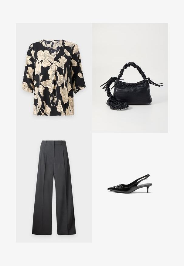 Blusa preta com padrão floral em bege, confeccionada em tecido leve. Apresenta um corte solto e mangas curtas com um detalhe de pregas subtil.; Calças de perna larga em tecido cinza escuro, apresentando uma cintura alta, pregas simples e uma textura suave com um acabamento limpo nas bainhas.; Sapatos de salto alto slingback em couro preto com bico fino, pequeno salto kitten e um detalhe decorativo em forma de nó na parte da frente. Textura suave em toda a parte.; Bolsa de mão em couro sintético preto com textura de crocodilo, topo franzido e alça enrugada. Apresenta um design suave e compacto.
