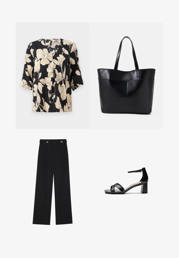 Črna bluzica z cvetličnim vzorcem v bež barvi, izdelana iz lahkotnega blaga. Ima ohlapen kroj in kratke rokave z diskretnim gubanjem.; Črne široke hlače s visokim pasom, gumbnimi detajli na pasu in sprednjimi gubami.; Črne odprte sandale s peto, ki imajo križane naramnice, nastavljivo zapestnico in debelo peto, z gladko usnjeno teksturo.; Črna usnjena torba z dvema dolgima ročajema, gladko teksturo in strukturirano obliko. Ima sprednji žep za dodatno shranjevanje.