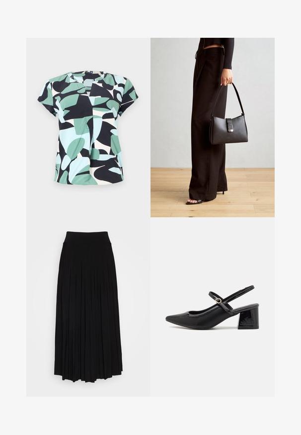Short-sleeve blouse featuring a block pattern in mint green, black, and light blue, made from lightweight fabric with a round neckline.; Black pleated skirt with a high, stretchy waistband. Made from soft fabric, featuring vertical pleats for a flowing silhouette.; Black patent leather slingback heels with a pointed toe, a rounded cutout design, and a block heel. Features a gold-tone buckle accent.; Black handbag with structured shape, smooth texture, and a metallic clasp. Paired with wide black pants and open-toe sandals on wooden floor.