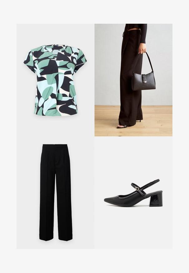 Short-sleeve blouse featuring a block pattern in mint green, black, and light blue, made from lightweight fabric with a round neckline.; Black wide-leg trousers with a smooth texture, featuring a flat front, pleats, and a tailored waistband. No visible hardware or patterns.; Black patent leather slingback heels with a pointed toe, a rounded cutout design, and a block heel. Features a gold-tone buckle accent.; Black handbag with structured shape, smooth texture, and a metallic clasp. Paired with wide black pants and open-toe sandals on wooden floor.