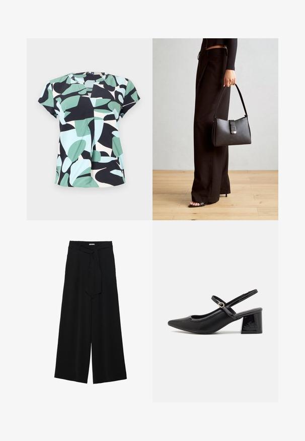 Blouse à manches courtes avec un motif en blocs en vert menthe, noir et bleu clair, fabriquée en tissu léger avec un col rond.; Pantalons larges noirs en tissu texturé, avec une taille élastique et une ceinture à nouer amovible à la taille pour un ajustement variable.; Escarpins slingback en cuir verni noir avec un embout pointu, un design à découpes arrondies et un talon carré. Présente un accent de boucle en ton doré.; Sac à main noir à la forme structurée, texture lisse et fermoir métallique. Associé à un pantalon noir ample et des sandales ouvertes sur un sol en bois.