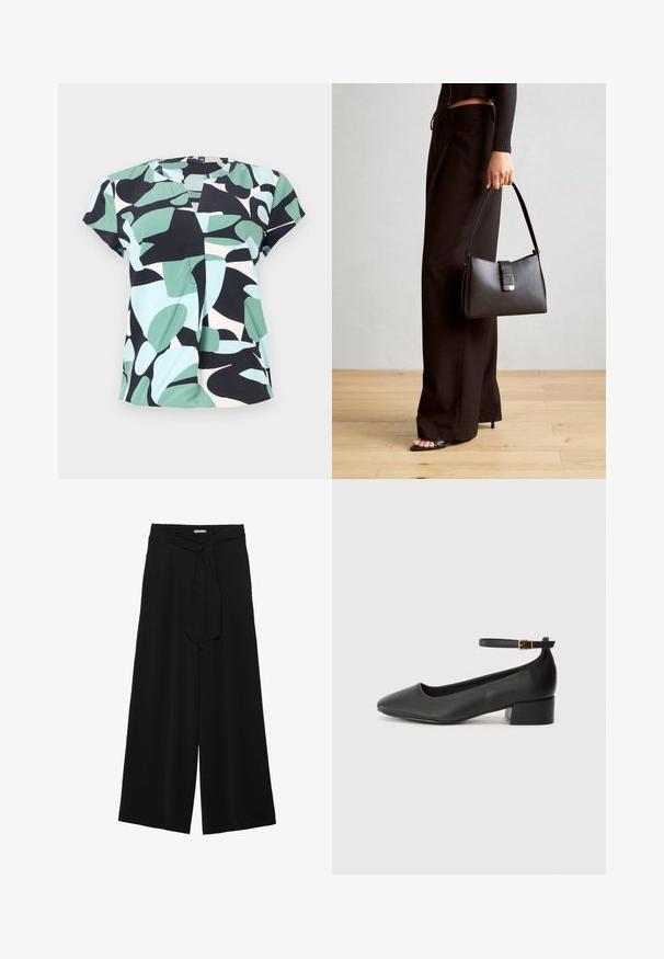 Bluză cu mâneci scurte, cu un model în blocuri de culoare verde mentă, negru și albastru deschis, fabricată dintr-un material ușor, cu decolteu rotund.; Pantaloni largi negri dintr-un material texturat, cu un tiv elastic și o panglică detașabilă la talie pentru un fit ajustabil.; Pantof cu toc negru din piele, cu vârf ascuțit și toc mic pătrat. Dispune de o curea la gleznă cu o cataramă în tonuri de aur. Textură netedă.; Genți negre cu o formă structurată, textură netedă și un închizător metalic. Asortată cu pantaloni negri largi și sandale cu vârf deschis pe un podea din lemn.