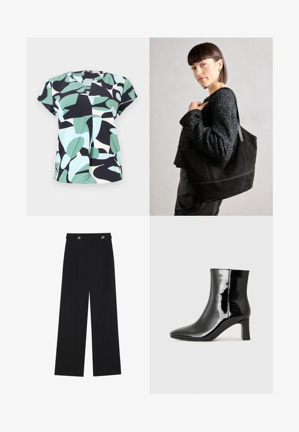 Blusa de manga curta com padrão em bloco nas cores verde menta, preto e azul claro, feita de tecido leve e com decote redondo.; Calças largas pretas com cintura alta, detalhes em botão na cintura e pregas frontais.; Botim de tornozelo em pele sintética preta com bico apontado e salto bloco de altura média. Textura suave e design minimalista.; Bolsa tote preta de camurça com uma textura suave, forma estruturada e costura contrastante. Possui alças longas para ser transportada ao ombro.