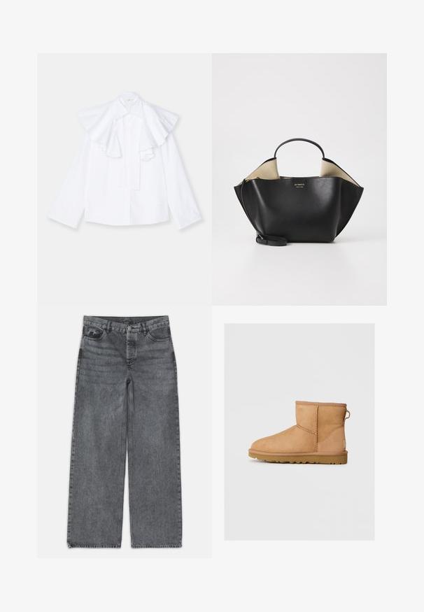 Fehér pamut ing, nagy fodros gallérral és hosszú ujjal, gombos elülső résszel és egyenes fazonnal.; Sötét szürke denim széles szárú farmer. Magas derekú, öt zsebes kialakítással és elöl gombos záródással rendelkezik. Simább textúrájú, enyhe kopással.; Barna velúr bokacsizma kerek orral, varrott részletekkel, hátsó húzótabbal és strukturált gumi talppal. A kényelem és a melegség érdekében készült.; Ree Projects ANN TOTE MINI - Kézitáska - black