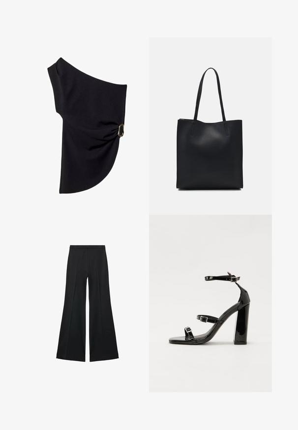 Asymmetrisches schwarzes Oberteil aus glattem Stoff, das ein gerafftes Design mit einem goldfarbenen Hardware-Akzent auf einer Seite aufweist.; Schwarze weit geschnittene Hose mit glatter Textur, ausgestattet mit Frontfalten und einem taillierten Design. Der Stoff ist leicht und fließend.; Schwarze Lackleder-Sandalen mit hohen Absätzen, zwei Riemen mit Schnallen, quadratischer Zehenpartie und klobigem Blockabsatz, mit einer glatten, glänzenden Textur.; Schwarze Laptoptasche aus Leder mit glatter Textur, rechteckiger Form und zwei langen Griffen. Keine sichtbaren Beschläge oder Verzierungen.