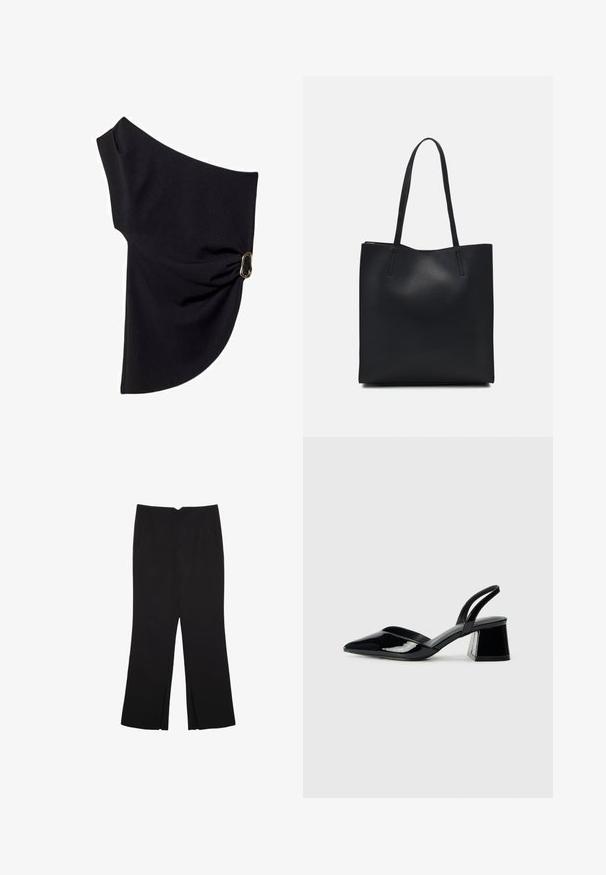 Asymmetrisches schwarzes Oberteil aus glattem Stoff, das ein gerafftes Design mit einem goldfarbenen Hardware-Akzent auf einer Seite aufweist.; Schwarze Hose mit geradem Schnitt, ausgestattet mit Fronttaschen und Seitenschlitzen am Saum. Hergestellt aus weichem, glattem Stoff. Geeignet für verschiedene Anlässe.; Schwarze Lackleder-Slingback-High Heels mit spitzem Schuh und einem geometrischen Blockabsatz. Verfügt über ein schlankes, minimalistisches Design und eine glatte Textur.; Schwarze Laptoptasche aus Leder mit glatter Textur, rechteckiger Form und zwei langen Griffen. Keine sichtbaren Beschläge oder Verzierungen.