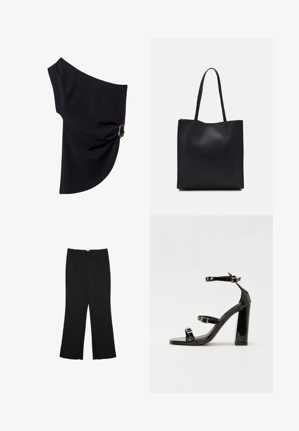 Asymmetrisches schwarzes Oberteil aus glattem Stoff, das ein gerafftes Design mit einem goldfarbenen Hardware-Akzent auf einer Seite aufweist.; Schwarze Hose mit geradem Schnitt, ausgestattet mit Fronttaschen und Seitenschlitzen am Saum. Hergestellt aus weichem, glattem Stoff. Geeignet für verschiedene Anlässe.; Schwarze patentierte Sandalen mit Absatz, quadratischer Spitze, Knöchelriemen und silbernen Schnallen. Mit einem stabilen Blockabsatz für mehr Stabilität.; Schwarze Laptoptasche aus Leder mit glatter Textur, rechteckiger Form und zwei langen Griffen. Keine sichtbaren Beschläge oder Verzierungen.