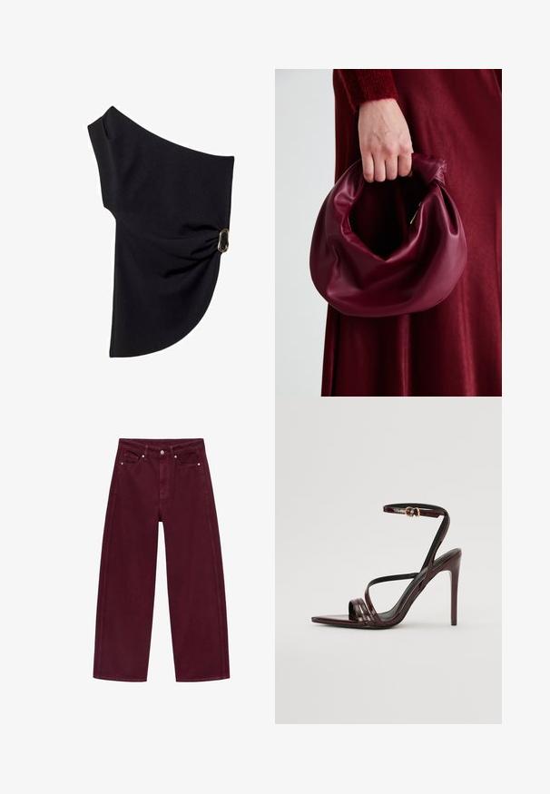 Asymmetrical black top made of smooth fabric, featuring a gathered design with a gold-tone hardware accent on one side.; Burgundy wide-leg jeans made from cotton denim, featuring a four-pocket design and metal button closure with matching stitching.; Burgundy patent leather high-heeled sandal with an ankle strap, pointed toe, and three horizontal straps across the foot. Gold-tone buckle detail.; Burgundy leather handbag with a soft, gathered design and a rounded shape. The handle is secured, showcasing a smooth texture.