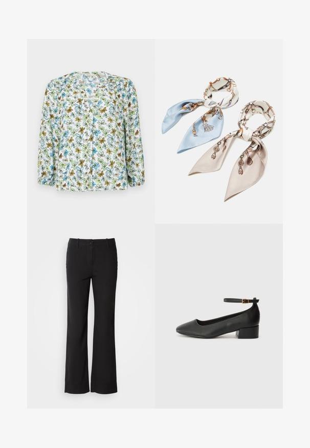 Kwiatowa bluzka z długim rękawem z przezroczystej białej tkaniny, z niebieskimi i zielonymi kwiatami oraz brązowymi akcentami. Długie rękawy z detalem drapowanym przy mankietach.; Czarne spodnie z bawełny z prostymi nogawkami, z zapięciem na guzik z przodu i dwoma bocznymi kieszeniami. Gładka faktura, brak widocznych wzorów.; Czarne skórzane szpilki z ostrym noskiem i niskim słupkowym obcasem. Wyposażone w pasek na kostkę z złotym zapięciem. Gładka tekstura.; Anna Field 2 PACK - Chusta