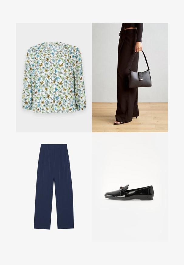 Blumiges Blusenhemd aus transparentem weißen Stoff, mit blauen und grünen Blumen sowie braunen Akzenten. Lange Ärmel mit Raffung an den Bündchen.; Himmelblaue Weitbundhosen aus weichem Stoff, mit vorderen Falten, glatter Oberfläche und einem geraden Schnitt ohne sichtbare Taschen.; Schwarze Lackleder-Lederschuhe mit flacher Sohle, runder Spitze und einem dekorativen Riemen mit einem goldfarbenen Akzent. Glattes, glänzendes Finish.; Schwarze Handtasche mit strukturierter Form, glatter Textur und einem metallischen Verschluss. Kombiniert mit weiten schwarzen Hosen und offenen Sandalen auf einem Holzboden.