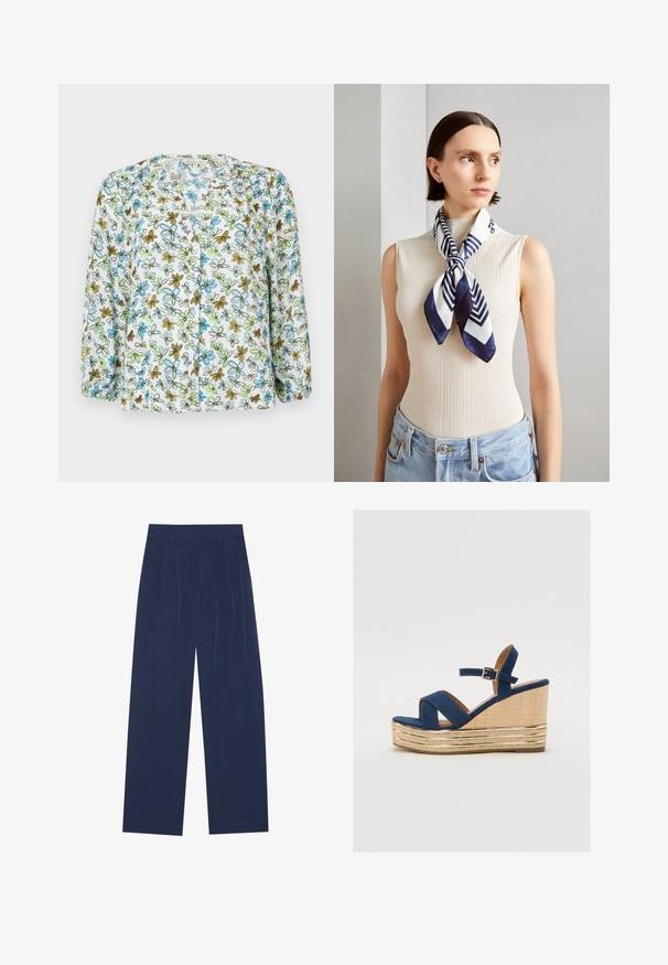Blomstret skjorte i gjennomsiktig hvitt stoff, med blå og grønne blomster og brune detaljer. Lange ermer med rynkedetalj ved mansjettene.; Marineblå bukser med vide ben laget av mykt stoff, med frontfolder, en glatt tekstur og en rett passform uten synlige lommer.; Marineblå kilehæl sandal med kryssende stropper, en teksturert plattform av naturlig fiber og en gullmetallisk detalj på bunnen.; Silkesjal i marineblått og hvitt med et geometrisk sikksakkmønster. Glatt tekstur, pent bundet rundt halsen, som komplementerer en ribbestrikket topp.