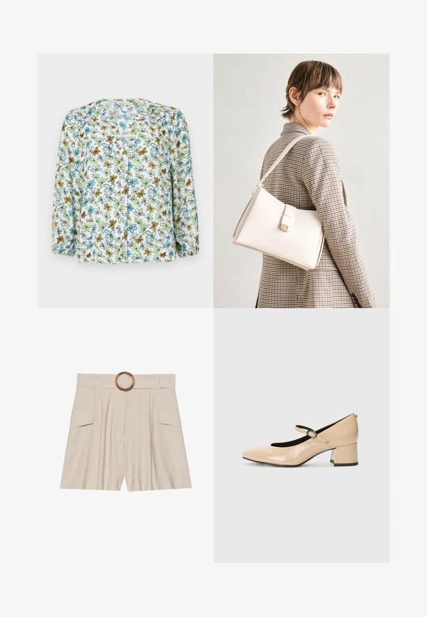 Blusa button-up floreale in tessuto bianco trasparente, con fiori blu e verdi e accenti marroni. Maniche lunghe con dettaglio arricciato ai polsini.; Shorts beige a vita alta con una cintura ampia e piatta, fibbia circolare in legno, davanti plissettato e due tasche laterali. Tessuto dalla texture liscia.; Scarpe Mary Jane in pelle verniciata beige con punta finta, cinturino con fibbia e tacco a blocco di altezza media. Texture liscia con finitura lucida.; Borsa a mano in pelle bianca con un design strutturato, presente di un clasp magnetico e una tracolla, esposta su uno sfondo neutro.