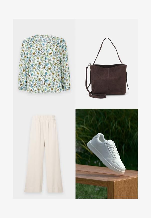 Kesäisen valkoisesta läpinäkyvästä kankaasta valmistettu kukallinen napitettava paita, jossa on sinisiä ja vihreitä kukkia ruskeilla yksityiskohdilla. Pitkät hihat, joissa on kerroshässäkkä hihansuissa.; Housut leveällä lahkeella vaalean beigen värisinä, pehmeästä kankaasta, jossa on joustava vyötärö ja ei näkyviä kiinnityksiä tai taskuja.; Valkoiset tennarit, joissa on sileä synteettinen päällinen, rei'itetty varvasosa, litteät nauhat ja teksturoitu pohja, esillä puupinnalla.; Ruskea mokkanahkainen kassi, jonka pinta on pehmeä. Kassissa on yksi olkahihna ja hienovarainen, kaareva yläaukeama. Ei näkyviä metalliosia.