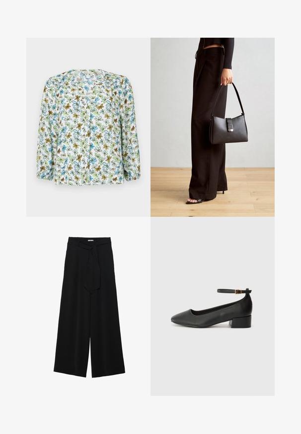 Blusa button-up floreale in tessuto bianco trasparente, con fiori blu e verdi e accenti marroni. Maniche lunghe con dettaglio arricciato ai polsini.; Pantaloni neri a gamba larga caratterizzati da un tessuto testurizzato, una vita elastica e una cintura staccabile per una vestibilità regolabile.; Pump in pelle nera con punta affusolata e tacco basso a blocco. Presenta una cinghia alla caviglia con una fibbia in tonalità oro. Texture liscia.; Borsa nera con forma strutturata, texture liscia e una chiusura metallica. Abbinata a pantaloni neri larghi e sandali open-toe su un pavimento in legno.