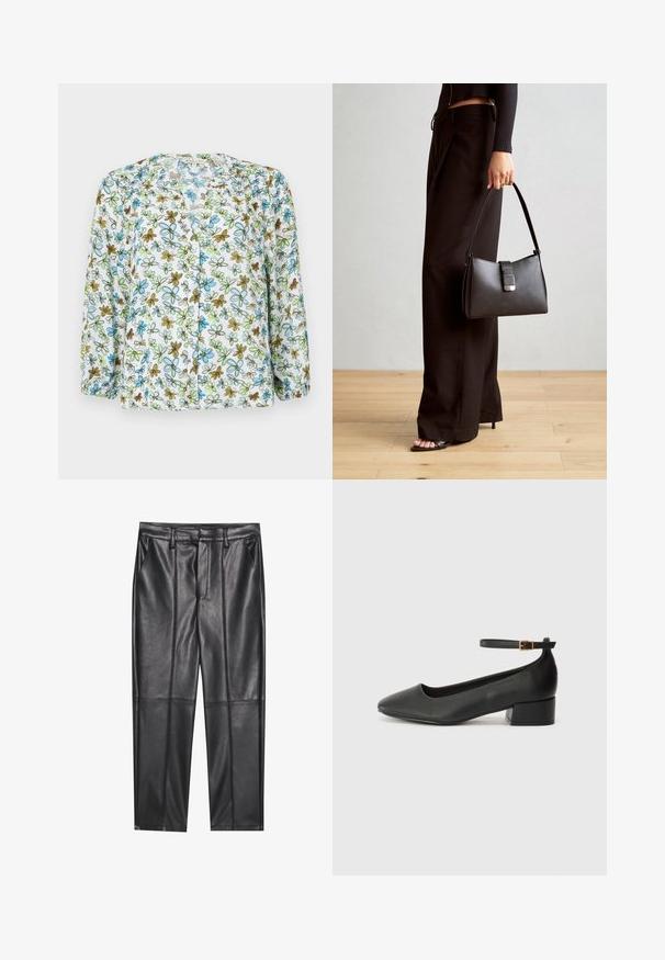 Cvjetna bluza s dugim rukavima u prozirnoj bijeloj tkanini, s plavim i zelenim cvjetovima te smeškim detaljima. Dugi rukavi s naborima na manžetama.; Crne kožne hlače s glatkom teksturom, ravnog kroja, s dva prednja džepa i vidljivim šavovima.; Crne kožne pumpe s oštrim vrhom i niskom blok petom. Sadrže remen oko gležnja s zlatnim kopčanjem. Glatka tekstura.; Crna torba s oblikom koji sadrži strukturu, glađu teksturu i metalnu kopču. Uparena s širokim crnim hlačama i sandalama na otvorenom s drvenog poda.