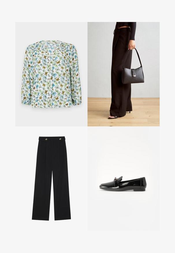 Blumiges Blusenhemd aus transparentem weißen Stoff, mit blauen und grünen Blumen sowie braunen Akzenten. Lange Ärmel mit Raffung an den Bündchen.; Schwarze weite Hosen mit hoher Taille, Knopfdetails am Bund und vorderen Falten.; Schwarze Lackleder-Lederschuhe mit flacher Sohle, runder Spitze und einem dekorativen Riemen mit einem goldfarbenen Akzent. Glattes, glänzendes Finish.; Schwarze Handtasche mit strukturierter Form, glatter Textur und einem metallischen Verschluss. Kombiniert mit weiten schwarzen Hosen und offenen Sandalen auf einem Holzboden.