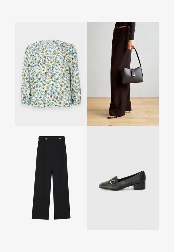 Blouse à boutons florale en tissu blanc transparent, ornée de fleurs bleues et vertes avec des accents marron. Manches longues avec un détail froncé aux poignets.; Pantalons larges noirs à taille haute, avec des détails de boutons à la taille et des plis sur le devant.; Mocassins en cuir noir avec un talon plat, présentant un détail décoratif en métal doré à l'avant et une texture lisse.; Sac à main noir à la forme structurée, texture lisse et fermoir métallique. Associé à un pantalon noir ample et des sandales ouvertes sur un sol en bois.