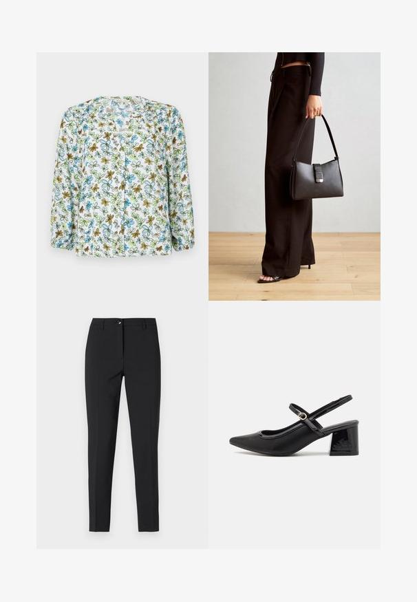 Floral button-up blouse in sheer white fabric, featuring blue and green flowers with brown accents. Long sleeves with gather detail at cuffs.; Black fitted trousers in smooth fabric, featuring a classic waistband, front zipper, and side pockets with a sleek, tailored design.; Black patent leather slingback heels with a pointed toe, a rounded cutout design, and a block heel. Features a gold-tone buckle accent.; Black handbag with structured shape, smooth texture, and a metallic clasp. Paired with wide black pants and open-toe sandals on wooden floor.