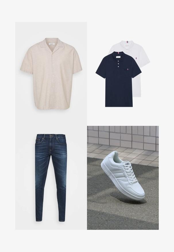 Kortermet, beige skjorte laget av lett stoff med camp krage, knappeåpning og en avslappet passform. Glatt tekstur med subtile vevdetaljer.; To polo skjorter: en marineblå og en hvit, begge med en liten rød, hvit og blå aksent på brystlommen og kragen.; Mørkeblå denimjeans med smal passform, subtil falming, fem lommer og metallknaplukking. Sømmer i kontrastfarge.; Hvit atletisk sneaker med glatt skinnoverside, snøring foran, perforert tå og mønstrets såle. Minimalistisk design med tre side-striper.