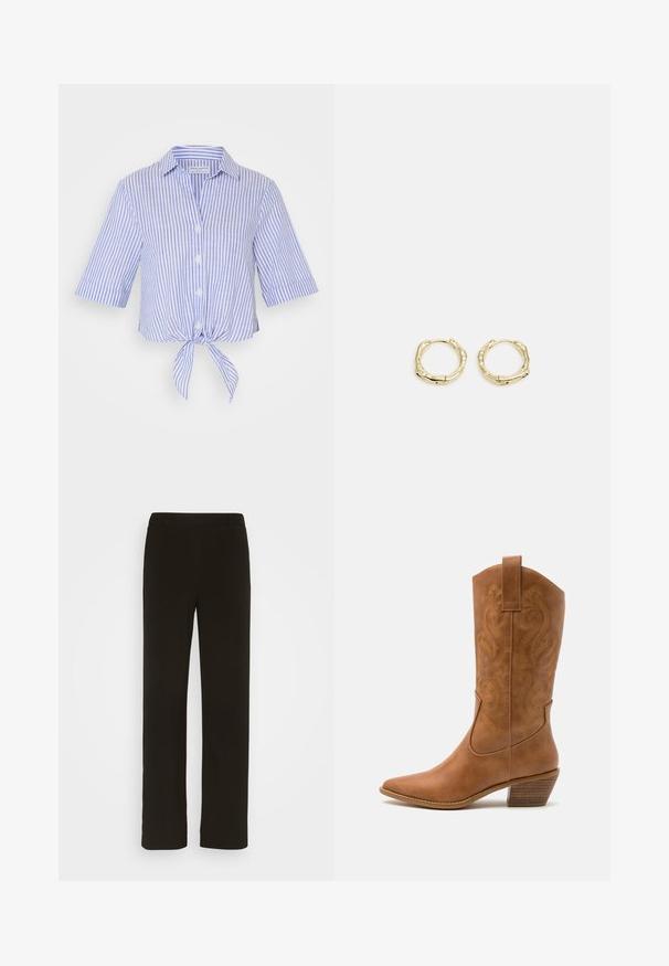 Korte mouwen, overhemd met kraag in blauw en witte strepen met een voorste knoopdetail. Gemaakt van lichte stof met knoopsluitingen.; Witte katoenen tanktop met een brede halslijn en dunne schouderbandjes. Gladde textuur zonder zichtbare patronen of versieringen.; Zwarte, rechte broek van geweven stof, met een platte voorkant, twee zijzakken en een gladde textuur. Geen zichtbare patronen of accenten.; Tan leren cowboylaars met puntige neus, geborduurde spiraalpatronen op de schacht en een gestapelde blokhak. Voorzien van een trekband voor gemakkelijke aan- en uittrekken.; Gouden creolen met een textuur en onregelmatige vorm. Voorzien van een naadloze sluiting en een gepolijste afwerking, wat het moderne ontwerp benadrukt.