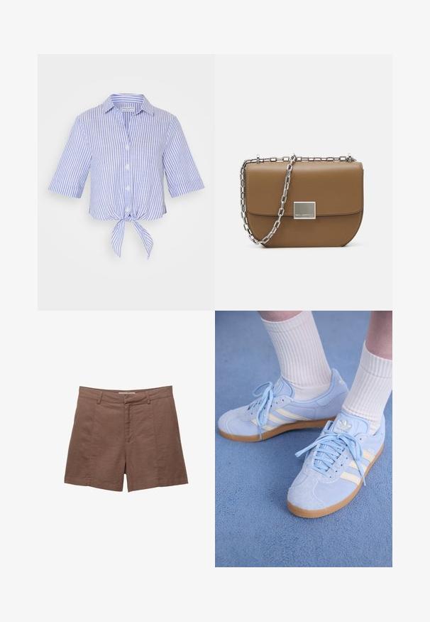 Short-sleeve, collared shirt in blue and white stripes with a front tie detail. Made of lightweight fabric with button closures.; Brown linen shorts with a flat front, two front pockets, and a smooth texture. Features a tailored fit and a straight hem at the bottom.; Light blue suede sneakers with white stripes, flat laces, and a gum rubber sole. Ribbed white socks are worn above the ankle.; Brown leather crossbody bag with a curved shape, silver chain strap, and a square metallic clasp detail on the front.
