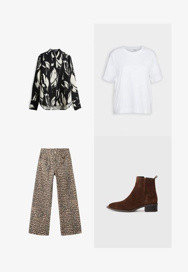 Camicia a maniche lunghe bianco e nero con motivo floreale, colletto e orlo curvo, realizzata in un tessuto morbido.; T-shirt bianco a maniche corte, collo girocollo, realizzato in morbido e liscio tessuto di cotone, con orlo dritto e dettagli minimi. Design semplice e versatile.; Pantaloni a gamba larga in denim di tessuto beige con motivo maculato nero; presentano cinque tasche e chiusura frontale con bottone.; Stivale ankle in suede marrone con punta arrotondata, tacco basso a blocco e zip laterale. Presenta una linguetta sul retro per indossarlo facilmente.