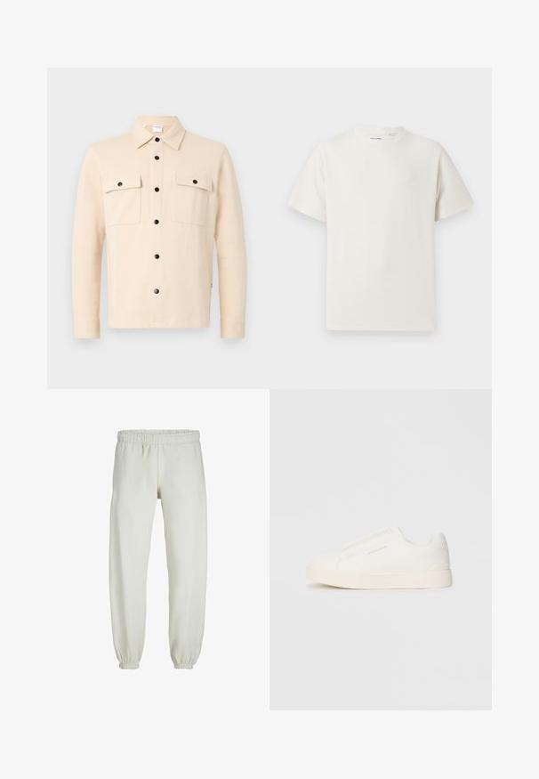 Beigā pogu krekls, kas izgatavots no mīksta auduma, ar apkakli, divām krūšu kabatām un melnām pogām. Garas piedurknes ar vienas pogas aprocēm.; Balta krūštura īsām piedurknēm ar ribota auduma faktūru. Apaļš kakla izgriezums, brīvs griezums, bez redzamām rakstām vai akcentiem. Vienkāršs un daudzpusīgs dizains.; Baltas treniņbikses, izgatavotas no mīkstas auduma, ar elastīgu jostu un piedurknēm, gluda tekstūra un brīva piegriezuma dizains.; Baltas slip-on sporta apavi ar teksturētu virsmu, biezu zoli un minimālistisku dizainu. Sānos redzams zīmola logotips.