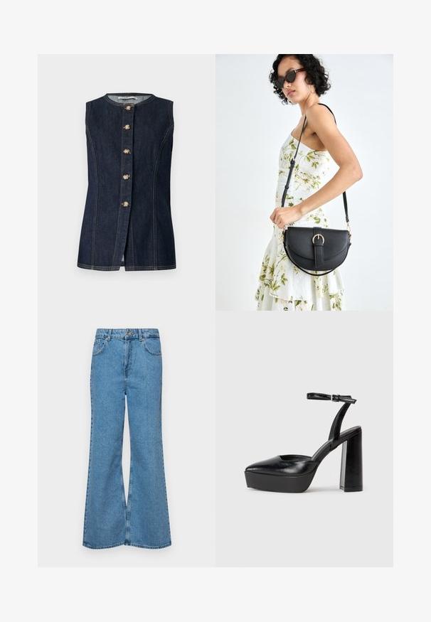 Jeans prsluk bez rukava u tamnoplavoj boji, s okruglim izrezom, prednjim kopčanjem na dugmad i zlatnim dugmadima s ukrasnim šavovima.; Svijetloplave traperice s flared nogavicama, visokog struka, s pet džepova i jednim dugmetom za zatvaranje. Mekani materijal s izblijedjelim izgledom.; Crne platforme s potpeticom s oštrim vrhom i podešivom naramenicom. Izrađene od glatke kože, s masivnom blok petom.; Crna kožna torba s lukovitim oblikom, odvojivim remenom i zlatnim detaljima. Torba ima preklop s kopčom.